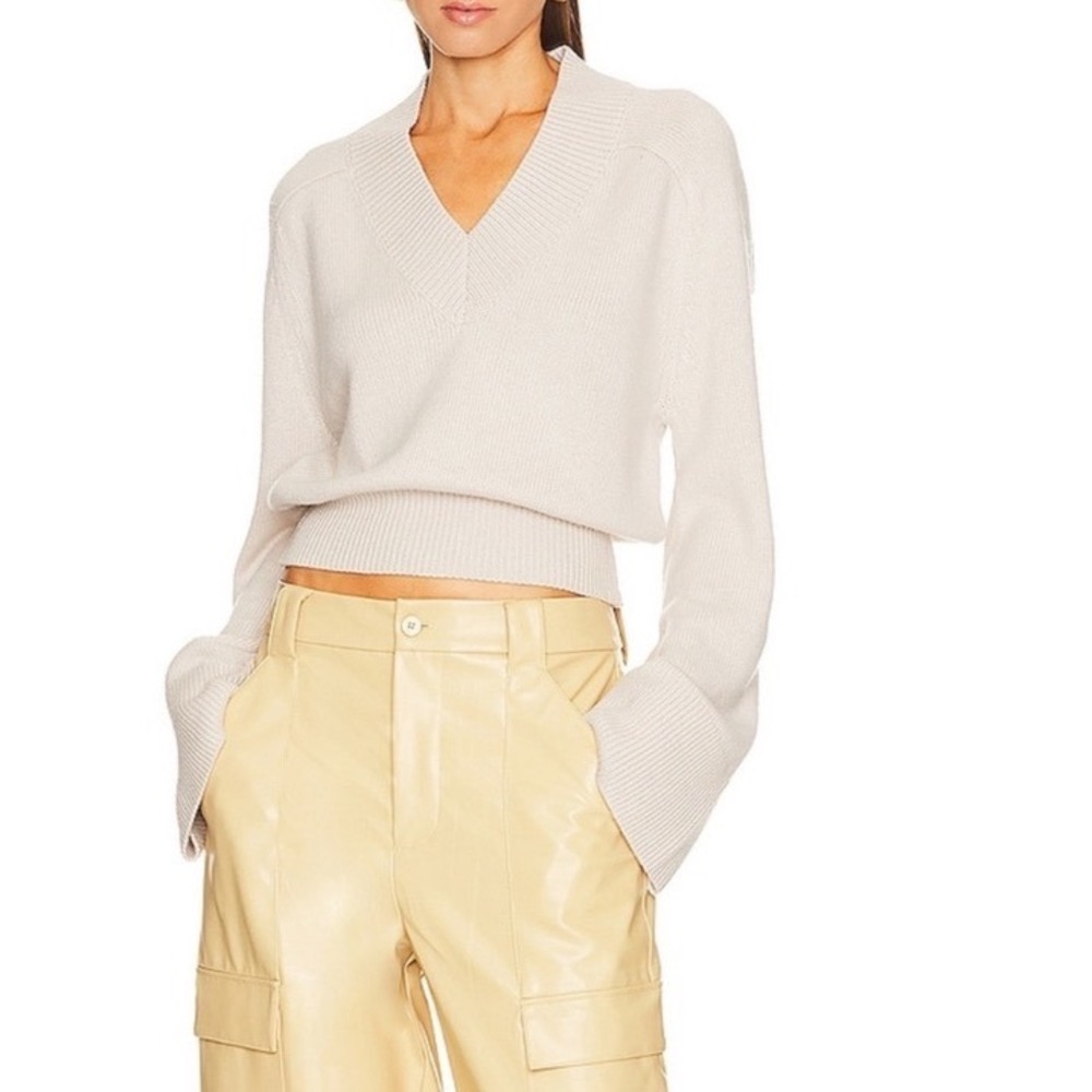 Helsa Wool Cashmere Blend V-Neck Cropped Flared Sleeve Sweater Cream Small